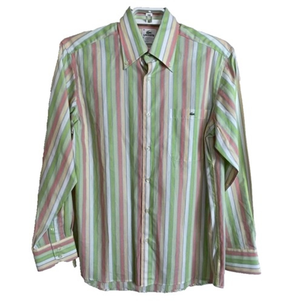 Lacoste Button Down Coastal Shirt Mens 40 Medium Green Pink Striped Long Sleeve